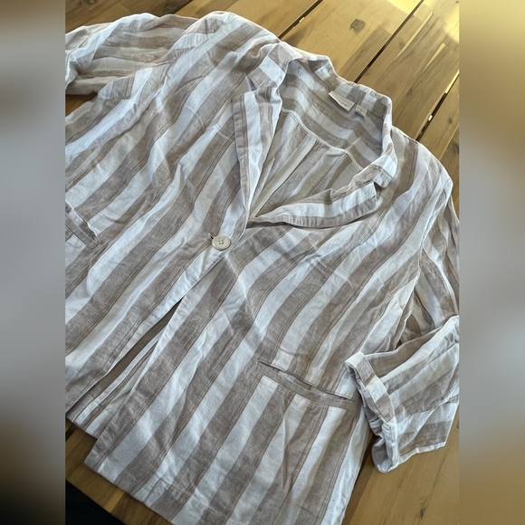 Chicos Womens Linen Striped Women's Button Blazer - White and Tan Size 3 XL - Picture 3 of 4